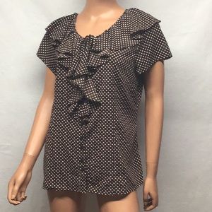 Fred David Ruffle Blouse Sz L Brown Polka Dot